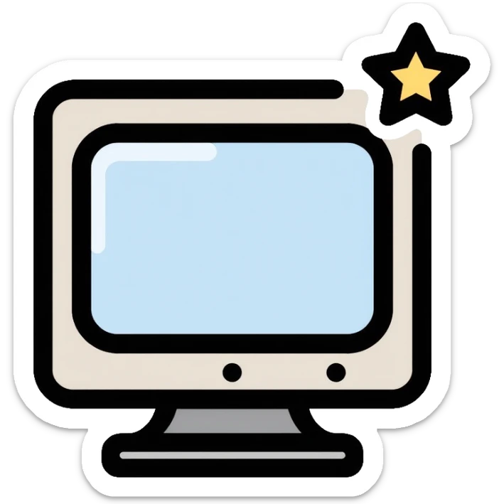 Minimalist CRT monitor with a simple 4-pointed star in the corner, very few details, clean lines sticker