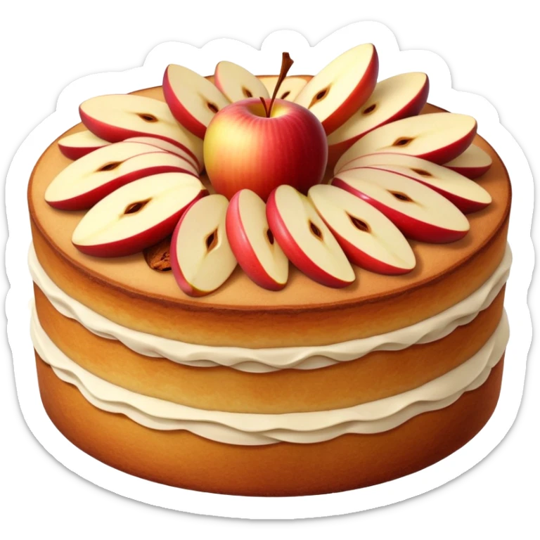 cinematic-realistic-apfelkuchen-cake-emoji,-depicted-as-a-classic-cake-with-cinnamon-and-thinly sliced apples on the top a few neatly spread out-rendered-with-soft-textures-and-warm,-inviting-lighting. sticker