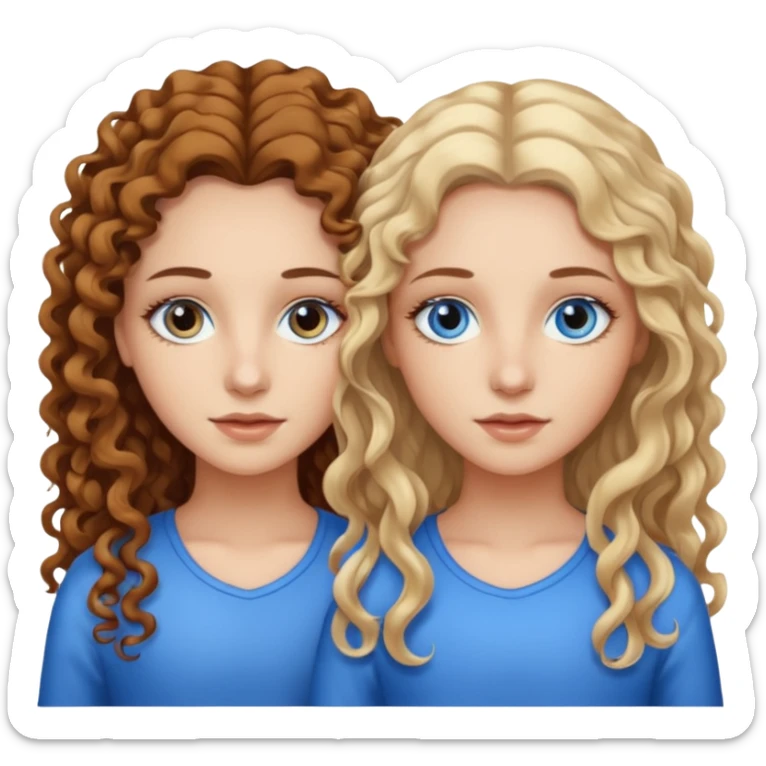 Twin sisters, one has brown eyes, long curly brown hair, the other one has straight blond hair and blue eyes sticker