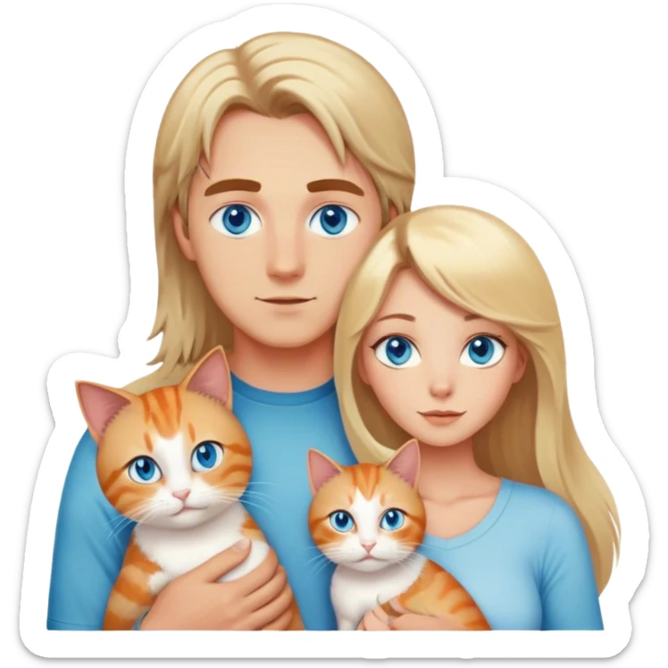 A family with a younger man with blue eyes and light brown hair, a younger woman with blue eyes, mid length blonde hair, and big breasts. And a cat with long hair that is a mix between orange and cream and green eyes sticker