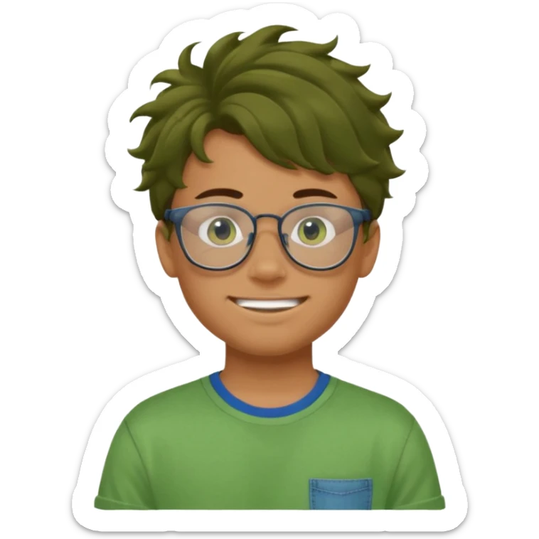 A teenage boy, tanned with glasses, wearing a green t-shirt , blue jeans and green sneakers with brown wavy tousled hair, smirking, wearing a green face mask sticker