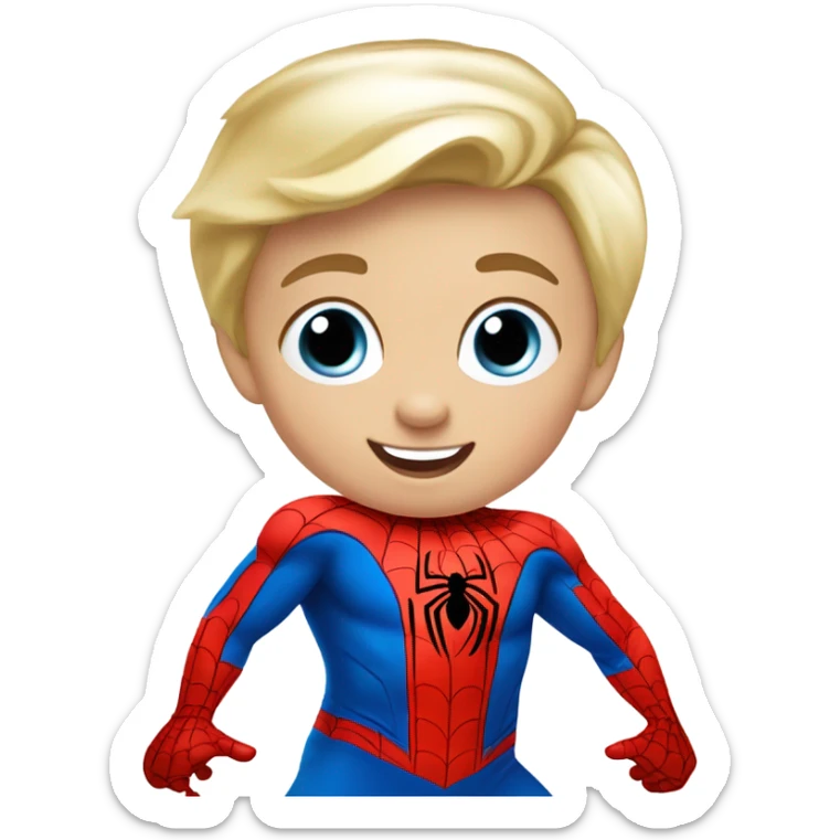 Blonde haired blue eyed toddler with short hair playing spiderman sticker