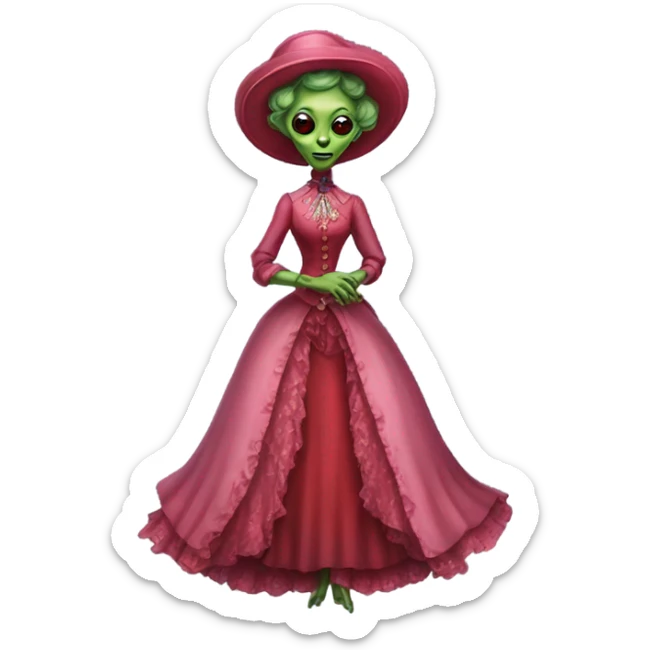 "green alien woman" galora in red pink Victorian dress elegant, full body sticker