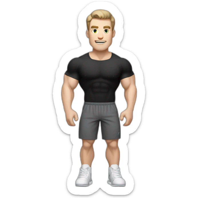 amazed Pale skinned Fit Man With the biceps and dark brown hair in black shirt, gray sports shorts and white Sneakers sticker