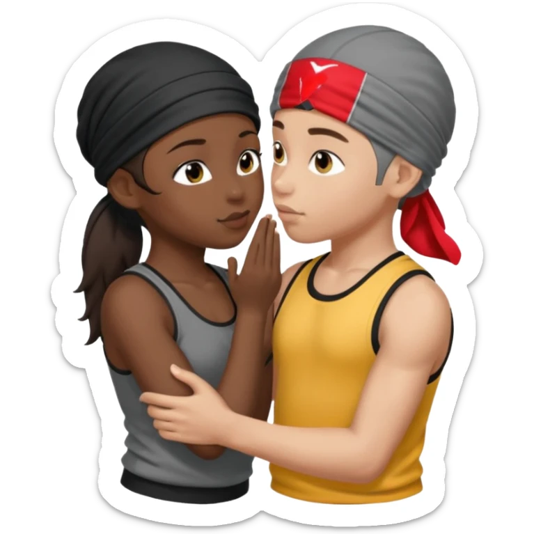 A girl with dark brown hair, light skin and blue wear black leggings and a black tank top kissing a boy with dark skin and a grey tracksuit wearing a du rag  sticker