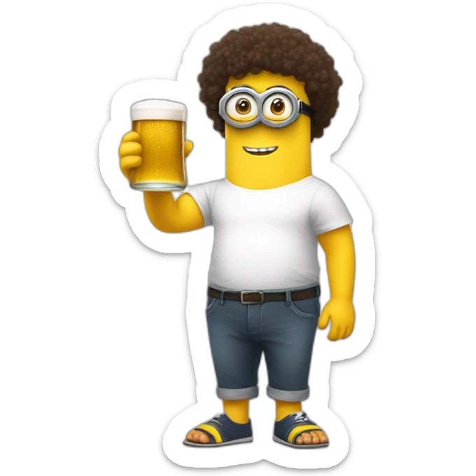 scoof minion with a beer belly and a bottle in his hand in a white T-shirt and sweatpants and slippers  sticker