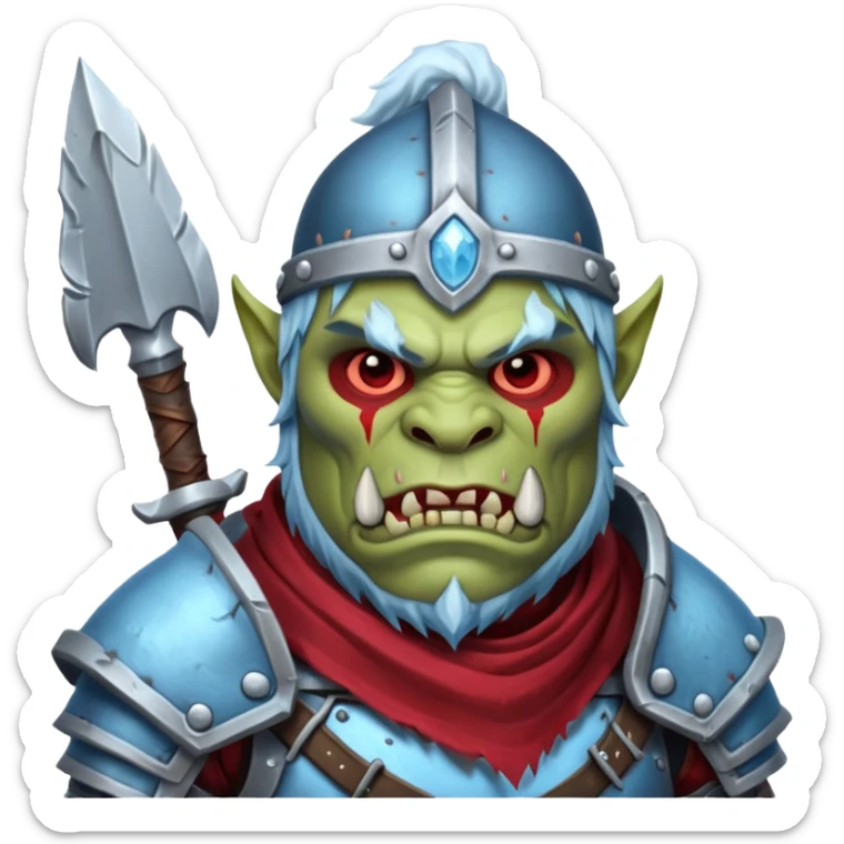 
Fantasy Christmas orc legion soldier icon, iron tundra army theme, heavy winter armor, disciplined brutal look, icy blue steel armor with deep crimson accents, frozen metal texture, cold winter atmosphere, male variant sticker