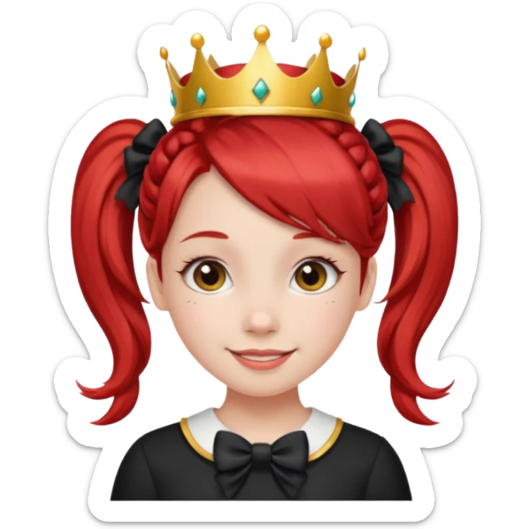 A red pigtail hair girl with a crown smiling gently and black bow on her hair sticker