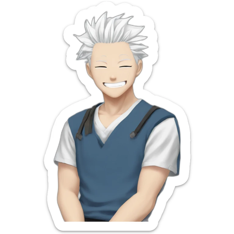 gojo satoru smiling from jujutsu kaisen with white hair, blue sky eyes, wear a black tshirt sticker