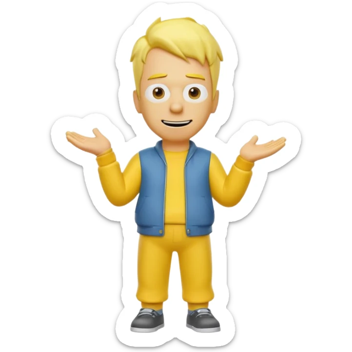 A 3D cartoon male character entirely in yellow, including skin, hair, and clothing, standing confidently, cheerful expression, full-body Memoji-style render with smooth shading, matching the Simpsons style. sticker