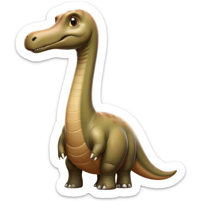 Cinematic Noble Brontosaurus Portrait Emoji, Poised and majestic, with a colossal, elongated neck stretching gracefully from a massive, sturdy body draped in warm, earthy tones, a gentle, wise face with soft, observant eyes, and a long, elegant tail, Simplified yet grandly defined features, highly detailed, glowing with a soft, ancient luminescence, high shine, intelligent and serene, stylized with an air of prehistoric grandeur, focused and calm, soft glowing outline, capturing the essence of a watchful and confident Brontosaurus that appears ready to loom out of the screen with effortless majesty! sticker