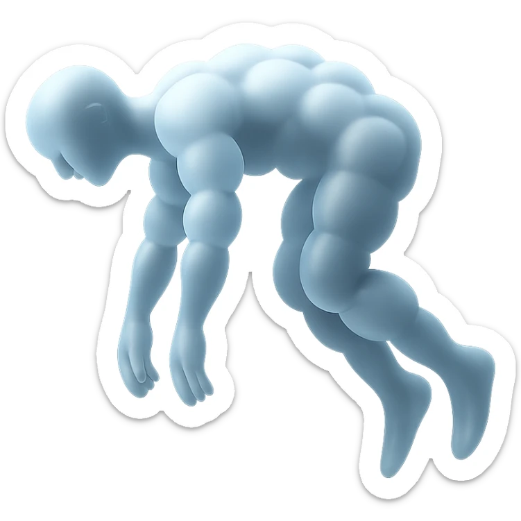 side view of a person unconscious flying upwards by the torso, legs and arms downwards, made of small very bright white fluffy convex clouds, matte glass style sticker