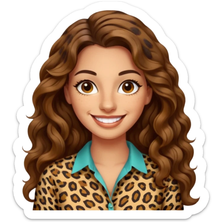 30 yr old italian woman, long brown wavy hair, big brown eyes, huge smile, leapord shirt, no bangs,  sticker