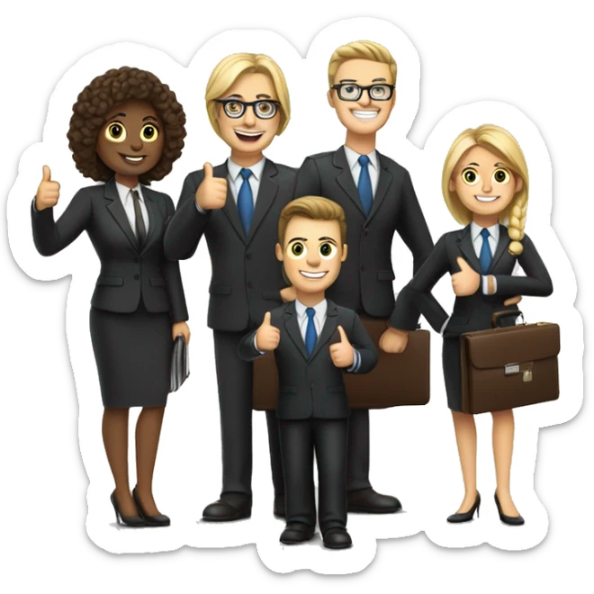 Group of lawyers (male and female) with briefcases and laptops giving thumbs up sticker