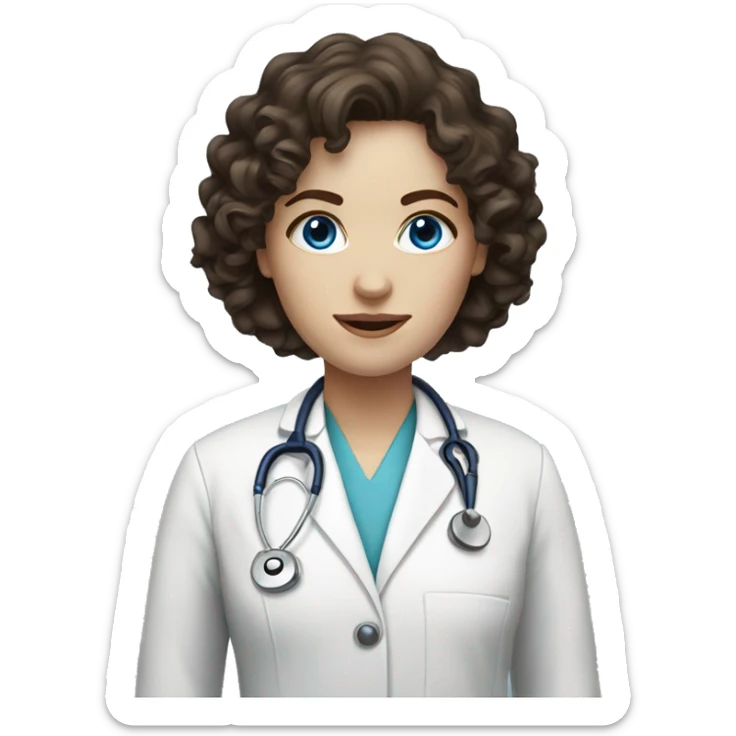 Female, blue eyes, pale skin, dark brown long curly hair Doctor sticker