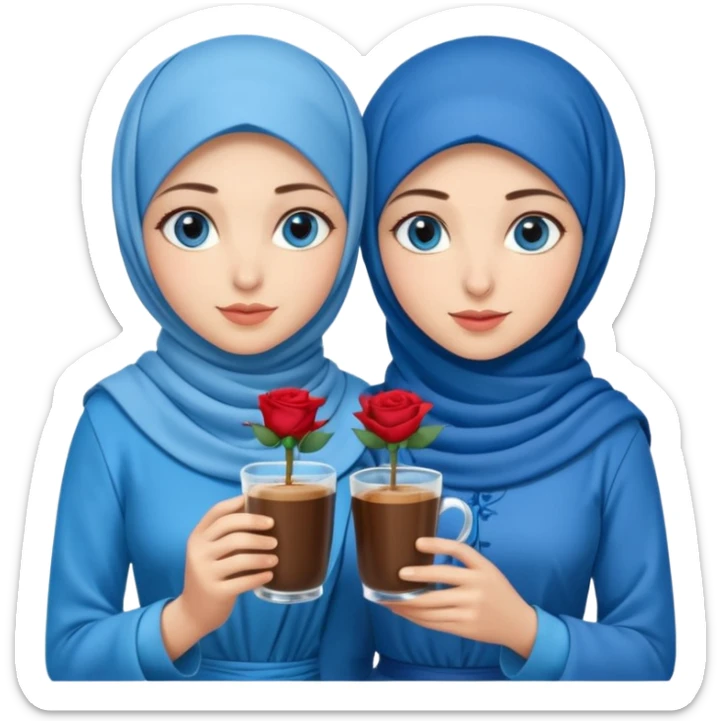 Turkish beautiful finish Konya two girls blue eyes with blue hijab islamic dress and had on her hand Rose Cold turkish coffee   sticker