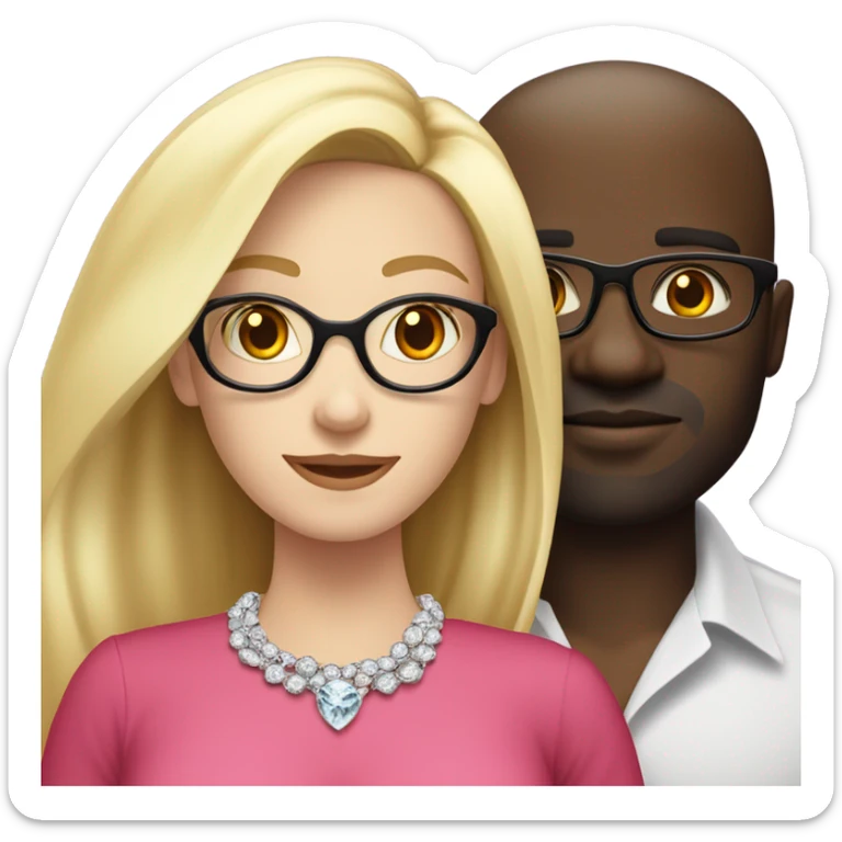 White blonde long hair woman with no glasses in a pink dress and diamond necklace standing next to emoji black man with glasses wearing red shirt glasses standing next to white eoman sticker