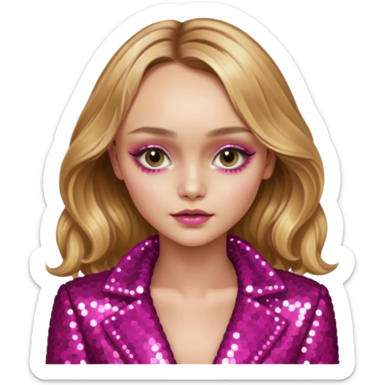 Lily-Rose Depp with long golden blonde hair, dark pink sequin outfit, makeup sticker