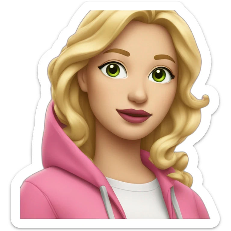 white woman with wavy blond hair and long eyelashes and green eyes wearing pink lipstick and pink hoodie  sticker