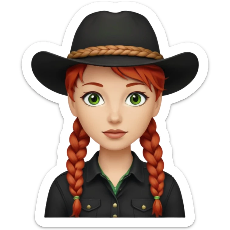 cowgirl with red hair green eyes black hat braided hair sticker