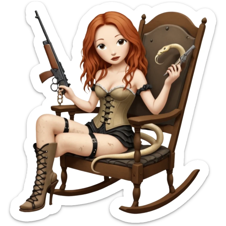 realistic cinematic Tori Amos sits on a rocking chair in a torn corset, holding an antique rifle and her bare feet are muddy. A white snake is wrapped around the chair. sticker