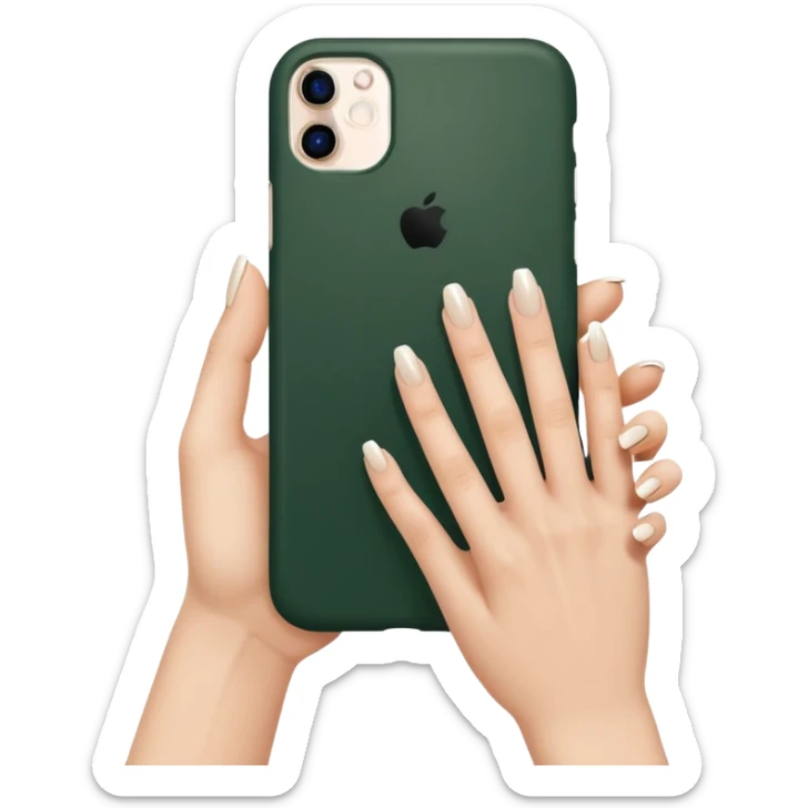 female hand with nude manicure (5 fingers) holding a white iPhone in a dark green case, minimalism, top view sticker