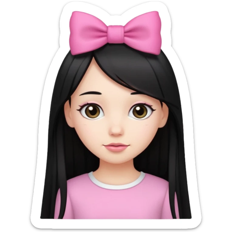 white girl, cute, black long straight hair, pink bow on top sticker
