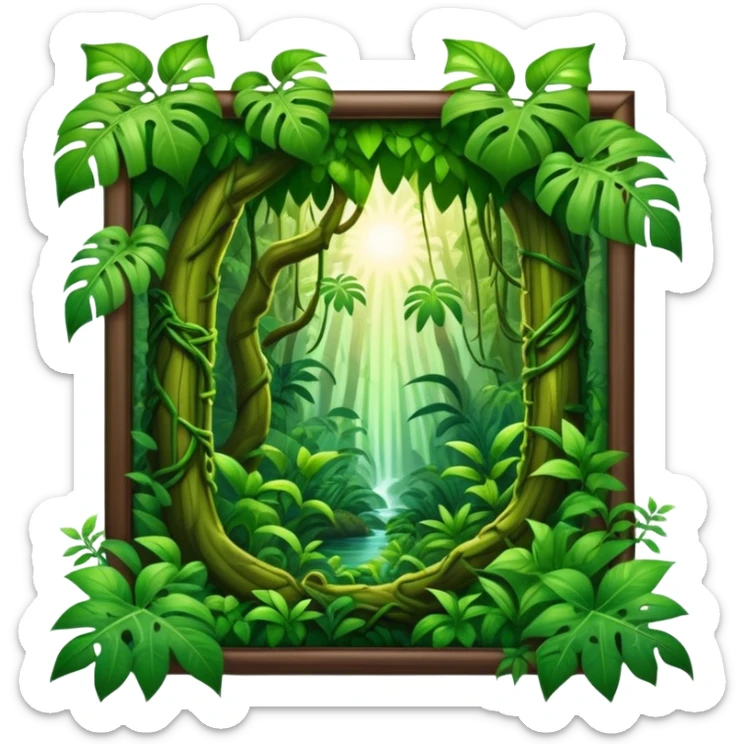 Cinematic Realistic Rainforest Emoji in a wooden frame, Lush and vibrant, filled with towering trees, thick vines, and dense green foliage, sunlight filtering through the canopy above, creating dappled patches of light on the rich, diverse undergrowth. The air is heavy with moisture, with mist rising from the forest floor and distant calls of exotic birds and animals echoing through the trees. Soft glowing outline, capturing the essence of a thriving, untamed tropical paradise filled with life! sticker