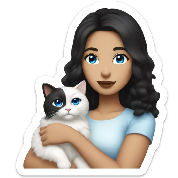Brunette woman with olive skin and middle parted black hair holding a white fluffy cat with blue eyes  sticker
