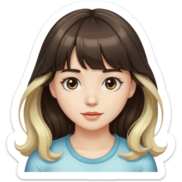 Wavy girl with bangs, dark brown hair with one blonde light streak in her bangs, and white skinned girl sticker