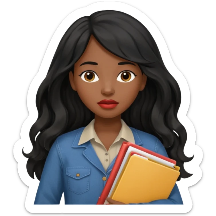 A young woman with long black hair, a wavy frange falling on half of her head. She's black, medium to dark skinned with thick lips. She's holding folders, because she's a CEO, but she's wearing casual clothes. sticker