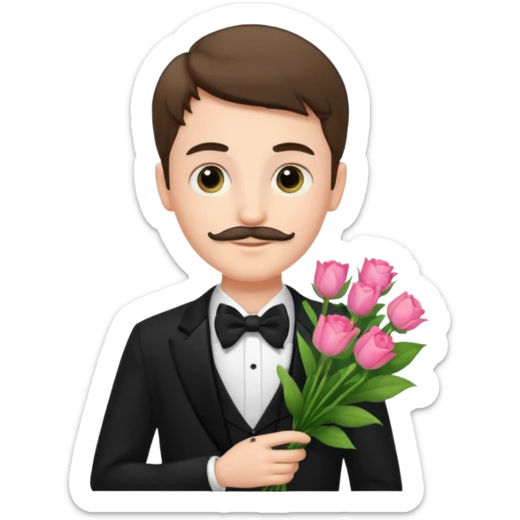 generate an ios genmoji of a 20 year old fair boy with very few mustache hair, carrying a flower bouquet, wearing a tux sticker