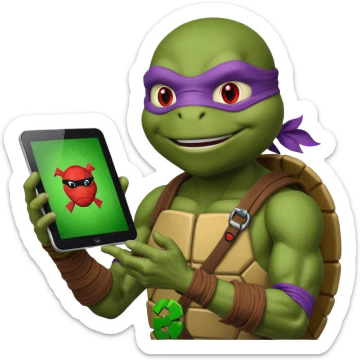 Donatello from Teenage Mutant Ninja Turtles, emoji style, with a tablet showing a hacking screen in hand, with a red hacking interface on the screen sticker