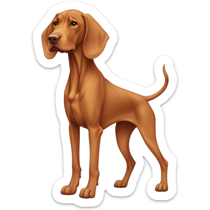 Grown Vizsla dog standing stocky. Droopy ears. Long legs. Light-colored paws. Faded-color face.  sticker