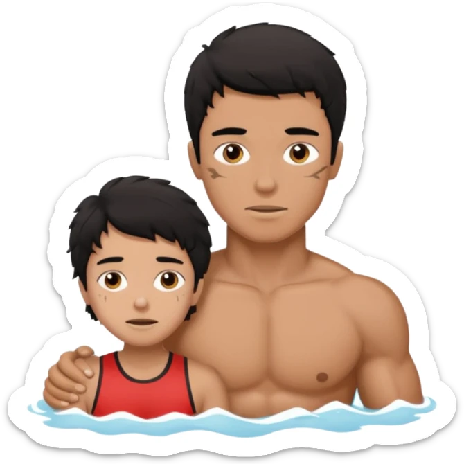Dark Tan Muscular teen lifeguard boy with messy black hair rescuing old lady sticker