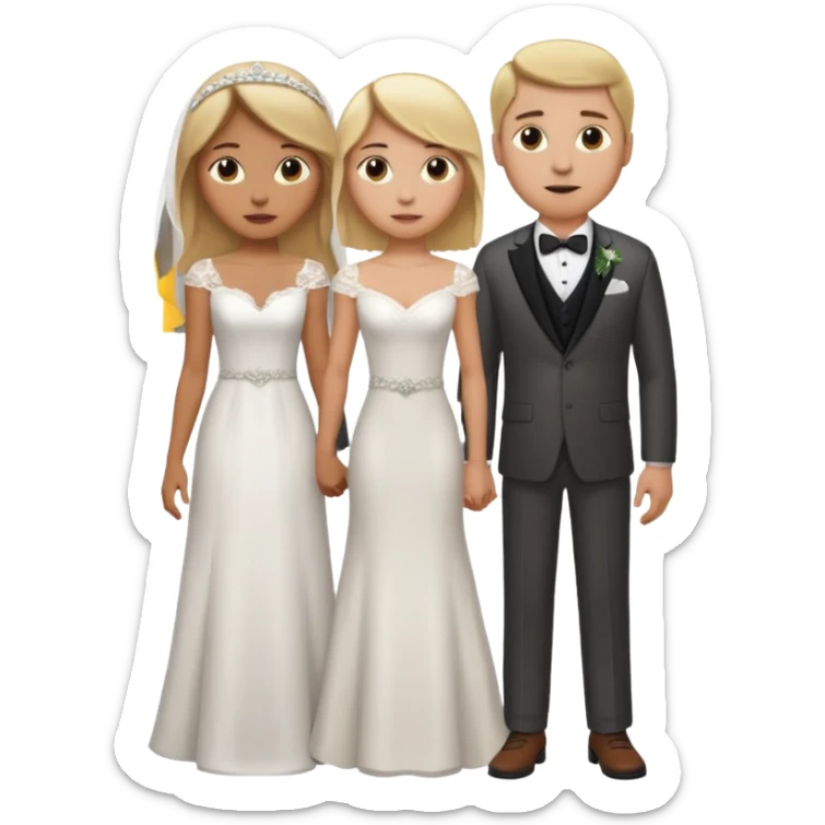 A Blonde girl with light brown skin in wedding dress with  a white man next too her with a suit on and brown hairv sticker
