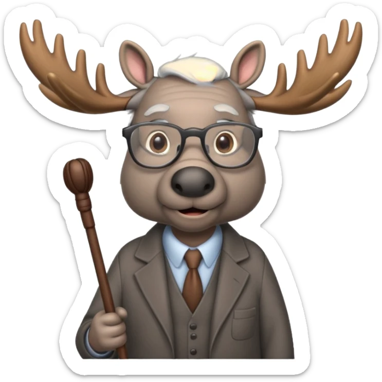 Create a slack emoji of a moose that looks very old.  He may have grey hair, glasses, and a cane. sticker