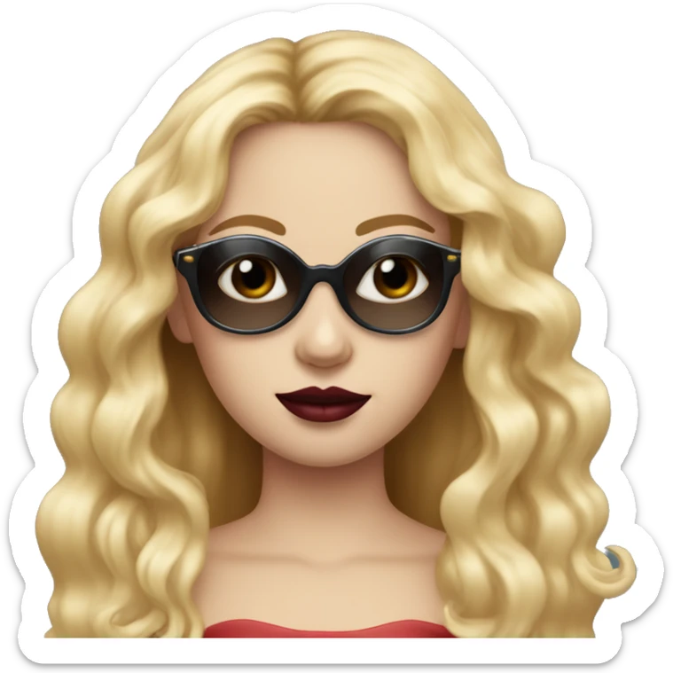 Crown on her head girl long blonde hair blue eyes black sunglasses that cover her eyes and cherry lipstick sticker