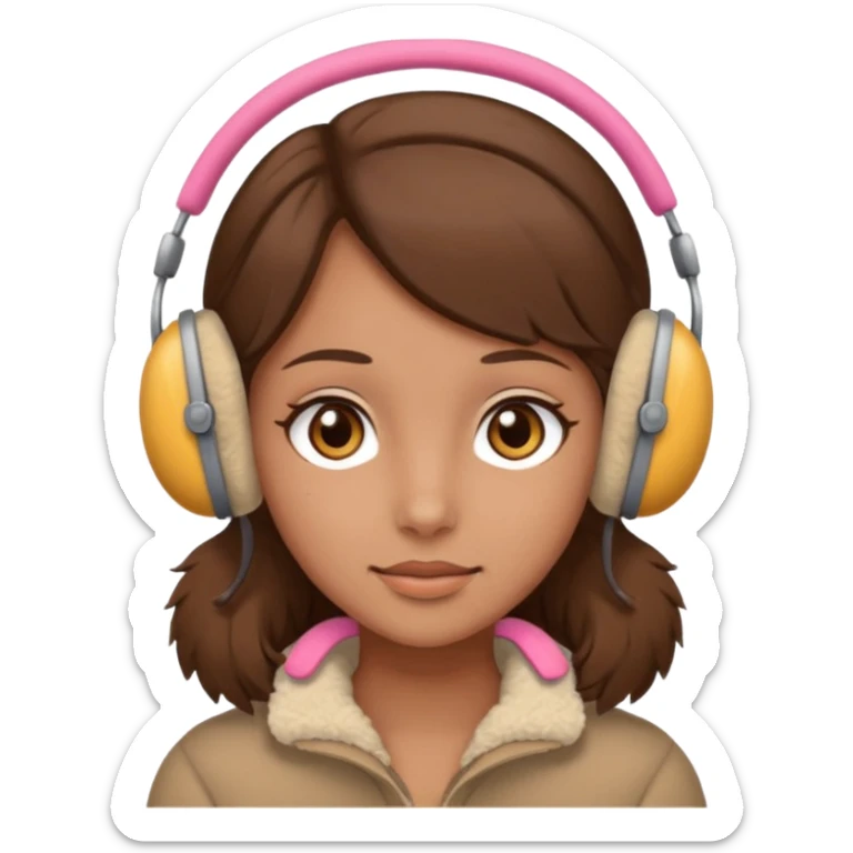 A girl wearing beige ear muffs, tan skin, brown hair, brown eyes sticker