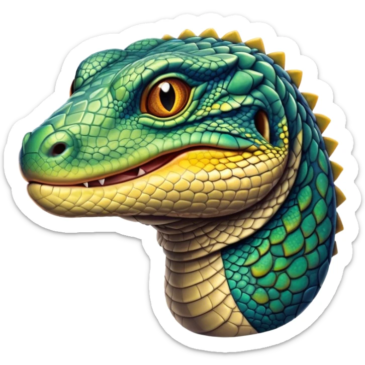 Cinematic Noble Monitor Lizard Portrait Emoji, Poised and regal, with a robust, scaled body exhibiting striking, mottled patterns and piercing, alert eyes, Simplified yet sharp and sophisticated features, highly detailed, glowing with a soft, earthy glow, high shine, intelligent and formidable, stylized with an air of ancient wilderness, focused and commanding, soft glowing outline, capturing the essence of a watchful and confident reptilian guardian that appears ready to stride out of the screen with effortless authority! sticker