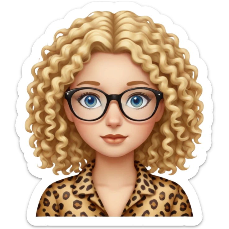 Girl with curly blond hair blue eyes cheetah print glasses  sticker