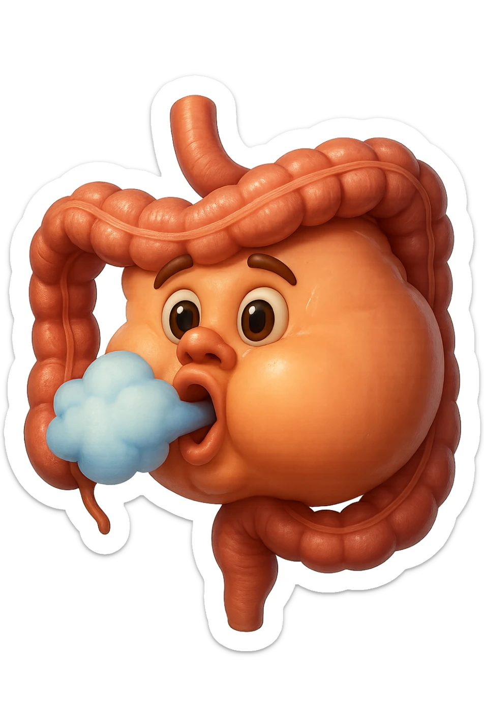 emoji stile iphone di un intestino che ingoia una nuvoletta di aria ben visibile e gli si gonfia la pancia, non fargli il naso, iperrealistico 4k sticker