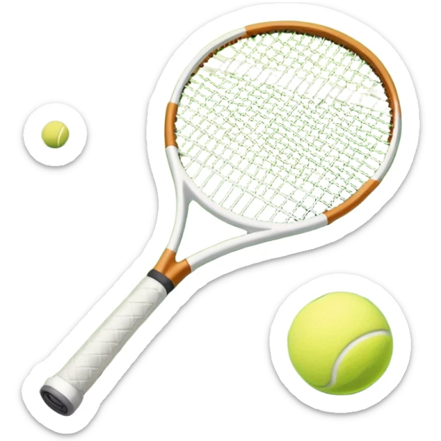 A tennis racket and ball positioned on a grass court, with the net and lines clearly visible in the background. The scene emphasizes the classic elements of the sport, capturing the energy and precision of a tennis match. sticker