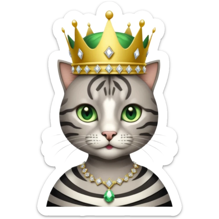 Gatito gris con rayas negras ojos verdes vestida de reina con coronas y diamantes sticker