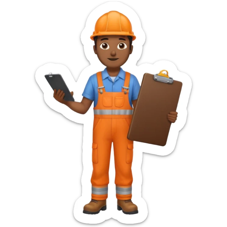 Indian male railway engineer orange overalls, boots holding a clipboard in one hand sticker