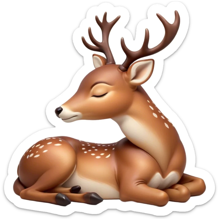 Meme-Worthy Cute Sleeping Deer Portrait Emoji, Head resting peacefully with a contented smile, showcasing a delicate, slender build and a luxuriously soft coat, eyes shut in a serene, restful nap, Simplified yet hilariously adorable features, highly detailed, glowing with a soft, drowsy light, high shine, relaxed and utterly lovable, stylized with an air of playful laziness, bright and heartwarming, soft glowing outline, capturing the essence of a comically sleepy deer, so meme-worthy it feels like it could instantly become the next viral sensation of adorable woodland slumber! sticker