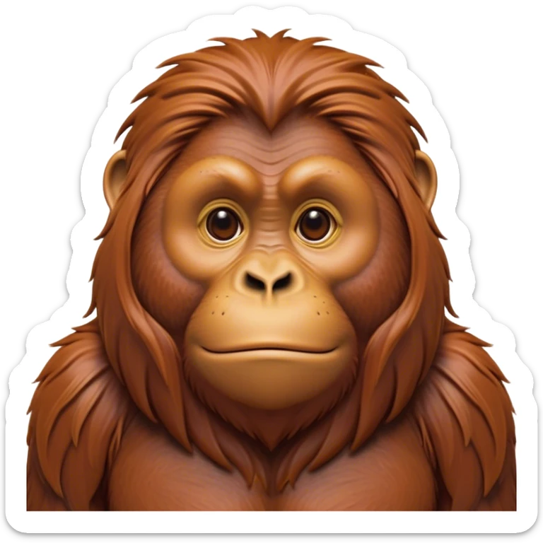 Cinematic Noble Orangutan Portrait Emoji, Poised and regal, with a robust, thoughtful build and deep, soulful eyes framed by rich, textured fur, Simplified yet sharp and sophisticated features, highly detailed, glowing with a soft, earthy glow, high shine, intelligent and contemplative, stylized with an air of ancient wisdom, focused and commanding, soft glowing outline, capturing the essence of a watchful and confident guardian that appears ready to step out of the screen with timeless authority! sticker