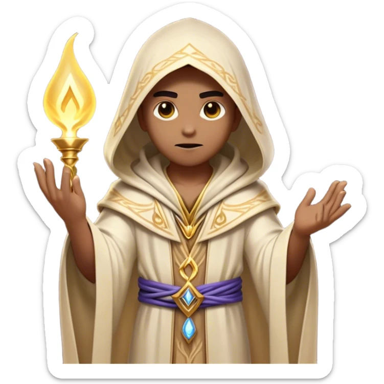 Clash of Clans aesthetic friendly Mage Portrait Emoji, With an enigmatic, slender build draped in flowing mystical robes adorned with arcane symbols, piercing eyes and a determined aura, his face rendered in a natural skin tone (not yellow), Simplified yet sharply defined features, highly detailed, glowing with a cool, otherworldly radiance, high shine, wise and resolute, stylized with an air of ancient sorcery, focused and mystical, soft glowing outline, capturing the essence of a powerful mage ready to unleash enchanted spells on epic adventures! sticker