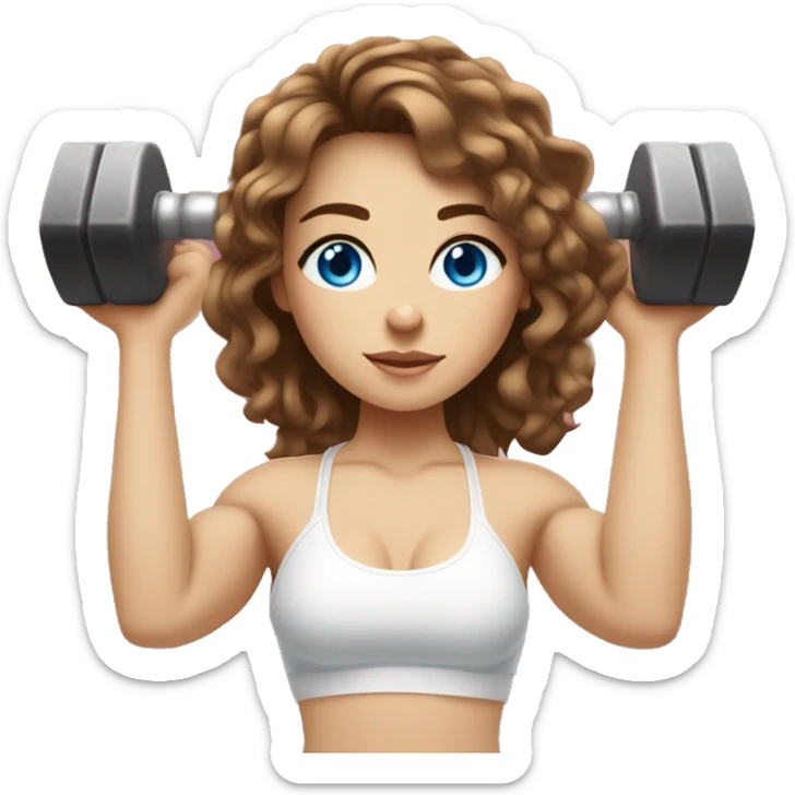 Girl with brown wavy hair and a fringe over her forehead, wearing a white sports bralette, has strong feminine muscles, lifting weights in the gym holding barbells she is light skinned with blue eyes sticker