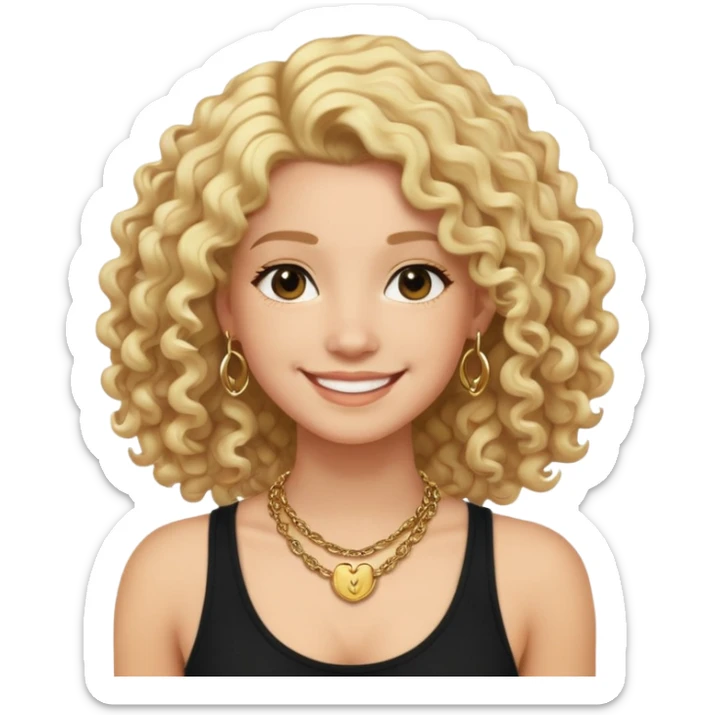 Pelo: Rubio, rizado y con mucho volumen, estilo media melena (altura de los hombros).

Piel: Tono claro.

Ropa: Camiseta o top sin mangas de color negro.

Accesorios: Collar dorado grueso, tipo cadena llamativa.

Expresión: Sonriente, expresión amigable y relajada.

Fondo o ambiente opcional (si se quiere personalizar más): Plantas y flores coloridas alrededor, en un entorno alegre y natural. sticker
